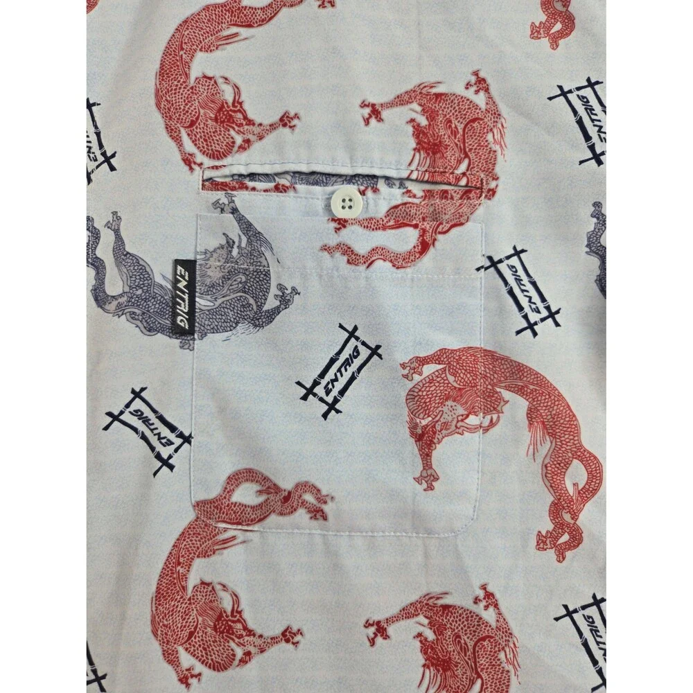 Vintage ENTRIG Dragons Asian Short Sleeve Button Front Casual Shirt Men's XL Y2K